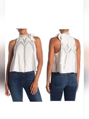 Free People White Embellished Tie-Shoulder Sleeveless Top *NWT *XS